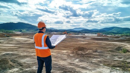Asian engineer holds blueprint overseeing construction project, assesses progress, ensuring quality and accuracy.
