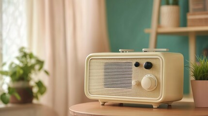 Retro radio sits gracefully showcasing classic design speaker emits sound near potted plant.