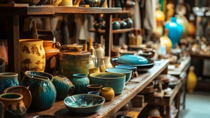 Colorful pottery and ceramic items displayed on rustic shelves in a traditional artisan market