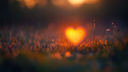A glowing heart shape rests gently in lush green meadow grass
