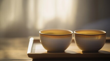 Obraz premium Two small ceramic bowls containing tea on a wooden tray