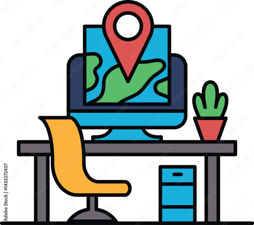 Poster a computer monitor with a map on it is on a desk with a chair and a potted plant