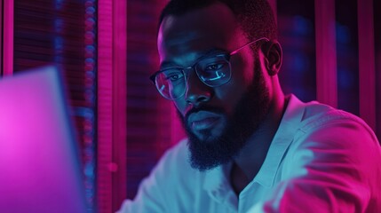 African American man using laptop in server room, concentrating on data processing, network administration.