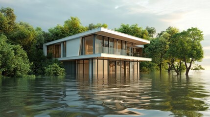Modern waterfront property partially submerged reflecting nature's resilience
