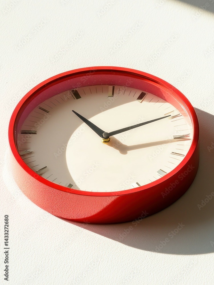 Poster a red circular analog clock displaying time on white wall