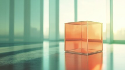 A transparent orange cube sits on a reflective polished surface