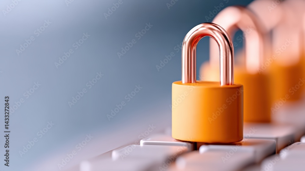 Poster a close-up of a yellow padlock on a keyboard, symbolizing security and protection in the digital age