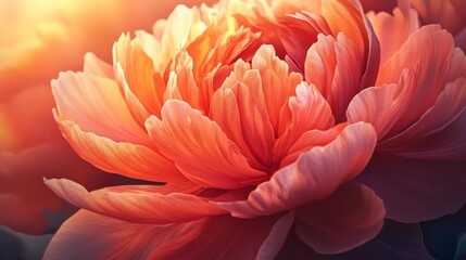 an orange peony-like mountain flower glowing in sunset light, layered petals, warm soft tones, macro shot, vertical botanical photo