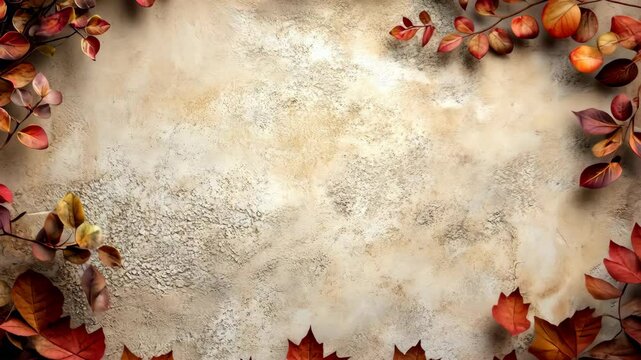 Autumn leaves frame a textured beige background.  Perfect for fall themes