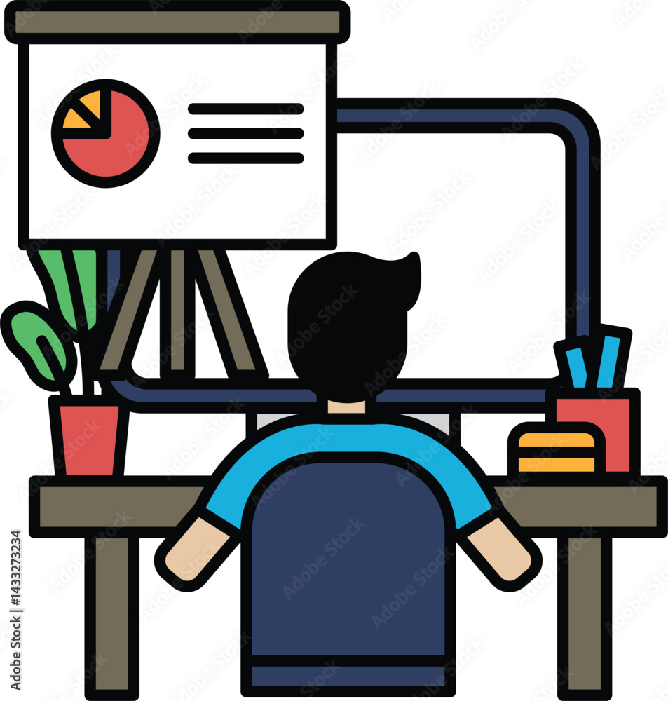 Poster a man is sitting at a desk with a computer monitor and a presentation board