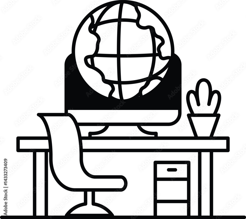 Poster computer monitor sits on a desk with a globe and a potted plant in front of it
