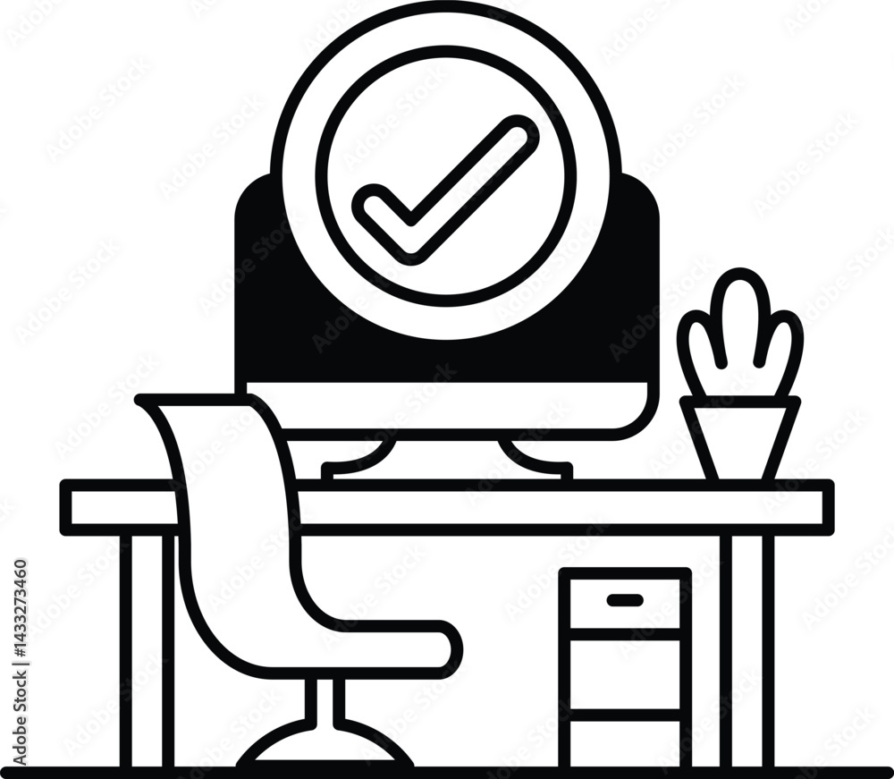 Poster computer monitor with a check mark on it sits on a desk with a chair