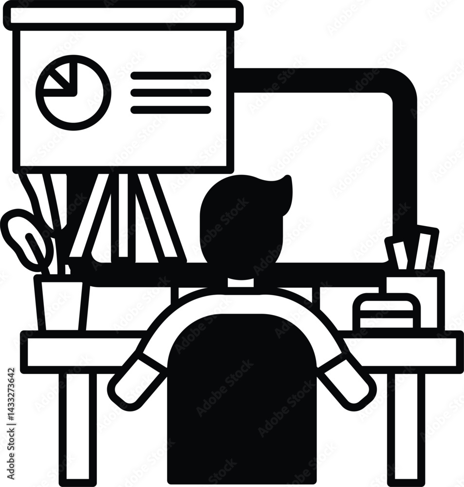 Poster man is sitting at a desk with a computer monitor and a presentation board