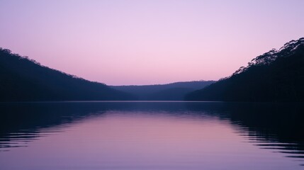 Obraz premium Reflective Water Between Mountains At The Softest Dawn