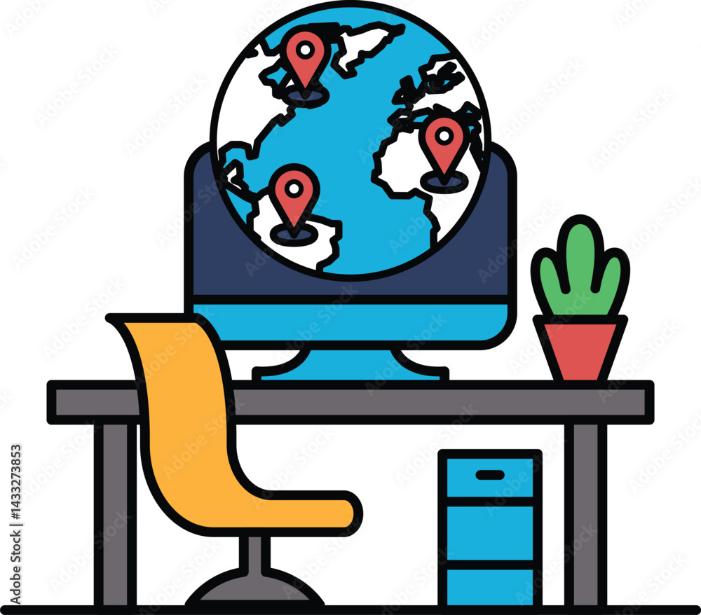Poster a computer monitor with a globe on it and a plant in the foreground