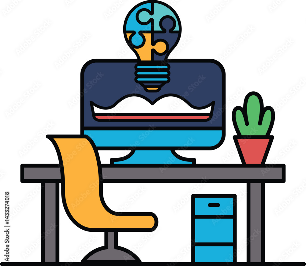 Poster a computer monitor with a light bulb on it is on a desk with a chair
