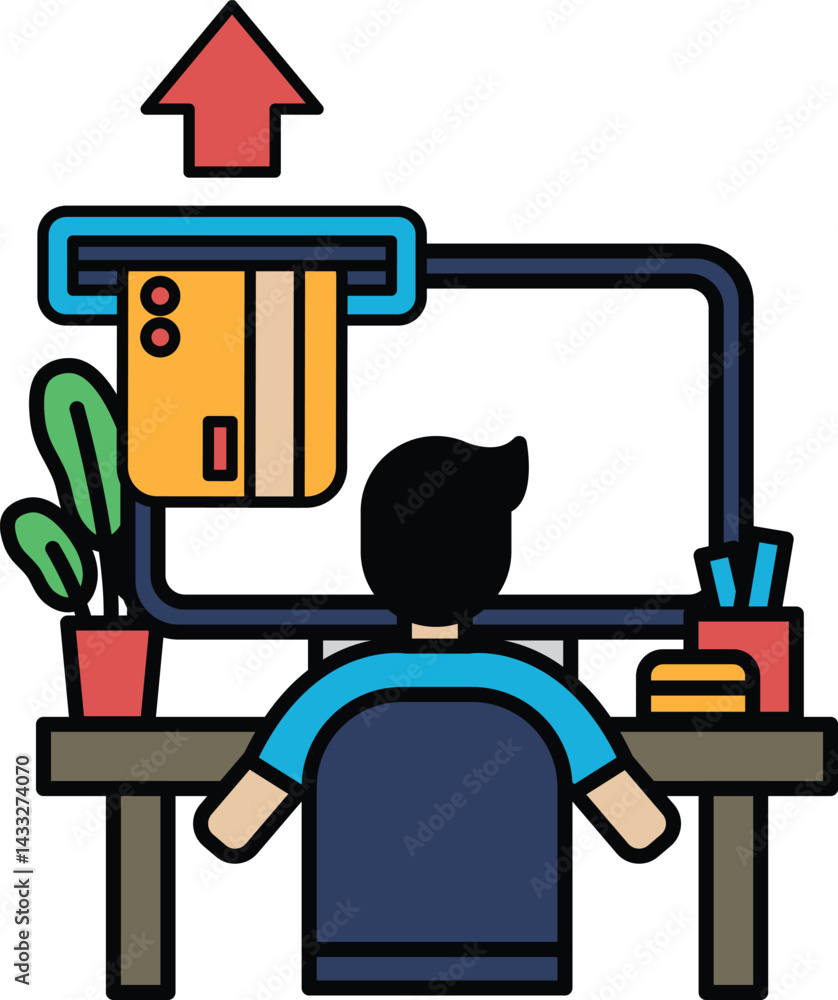 Poster a man is sitting at a desk with a computer monitor in front of him