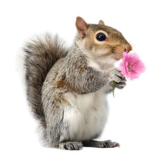 Fototapeta premium Delightful grey squirrel embracing soft pink flower against contrasting backdrop