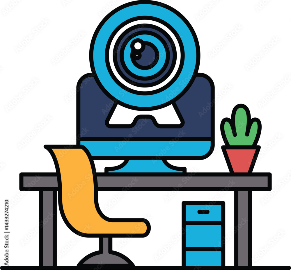 Poster a computer monitor with a camera on it sits on a desk with a chair