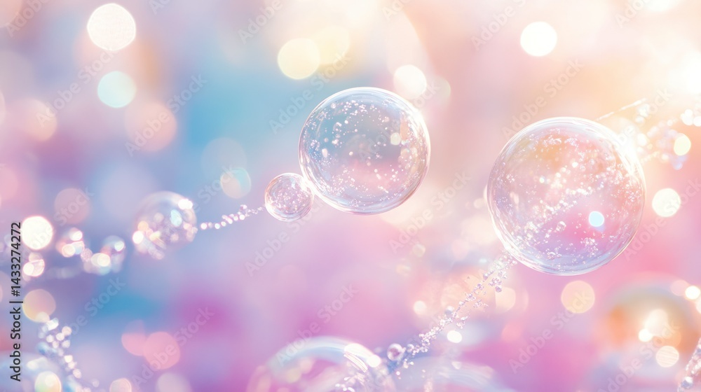 Poster shiny floating bubbles with beautiful blurred colorful backgrounds in soft focus