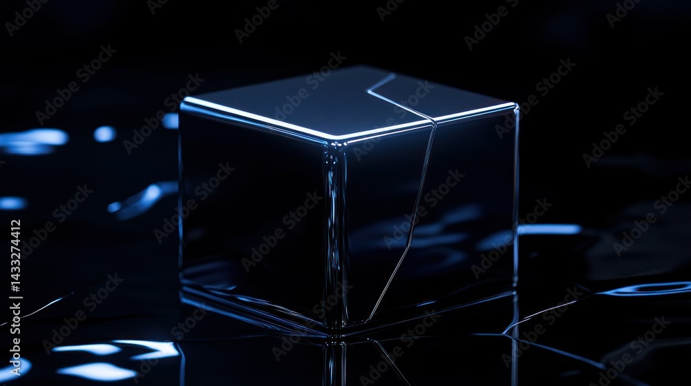 Poster a reflective broken cube is reflected on a dark surface