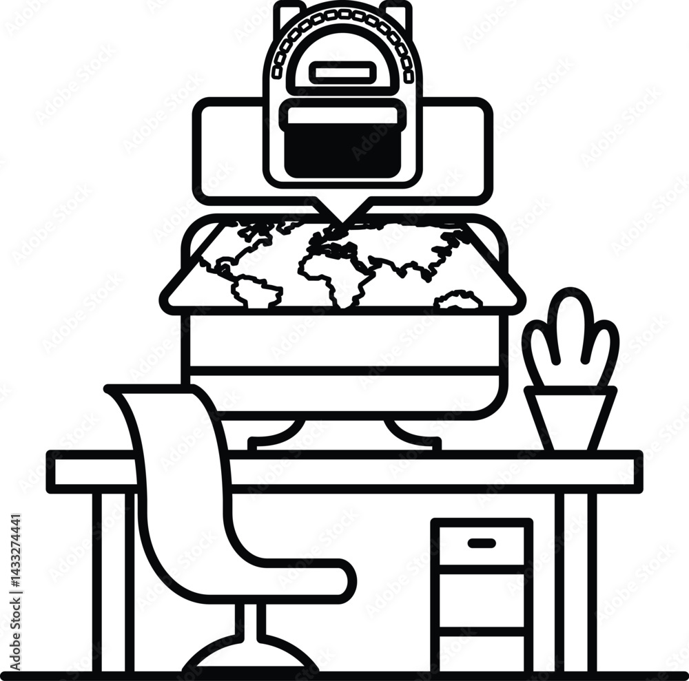 Poster computer monitor with a globe on it and a backpack on the screen