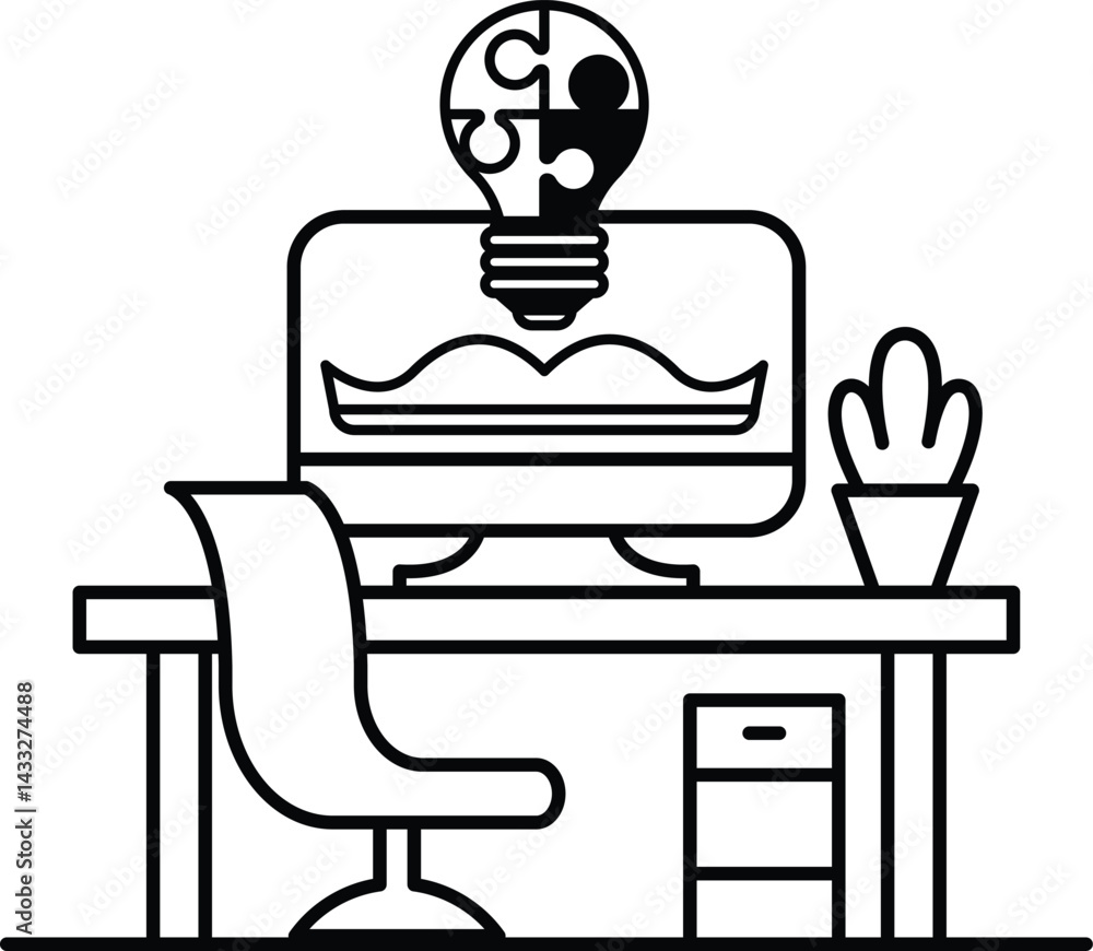 Poster computer monitor with a light bulb on it is on a desk with a chair