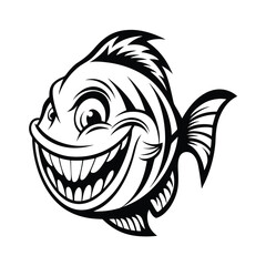 Black and White Fish Cartoon with Jagged Fins and Sharp Teeth Smiling Design
