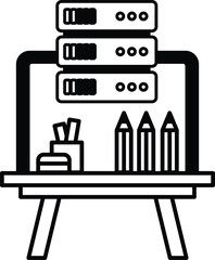 computer desk with a laptop a pencil holder and a cup of pens