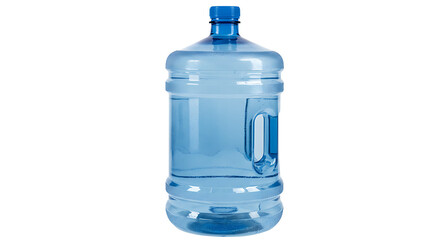 Tall, clear plastic five-gallon water jug filled with purified water and sealed with a blue cap, featuring a convenient carrying handle.