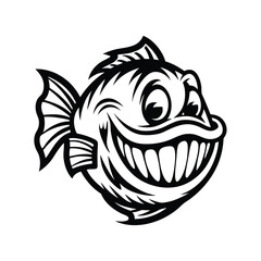 Monochrome Fish Cartoon, Wide Grin, Sharp Teeth, Cartoonish Fins, Detailed Black Outline