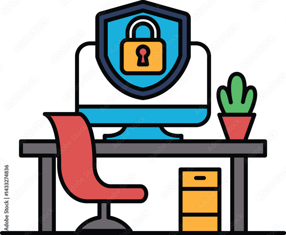 Poster a computer monitor with a blue lock on it sits on a desk next to a red chair