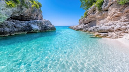 A stunning view of a secluded beach with crystal clear turquoise water nestled between rocky cliffs under a bright blue sky.
