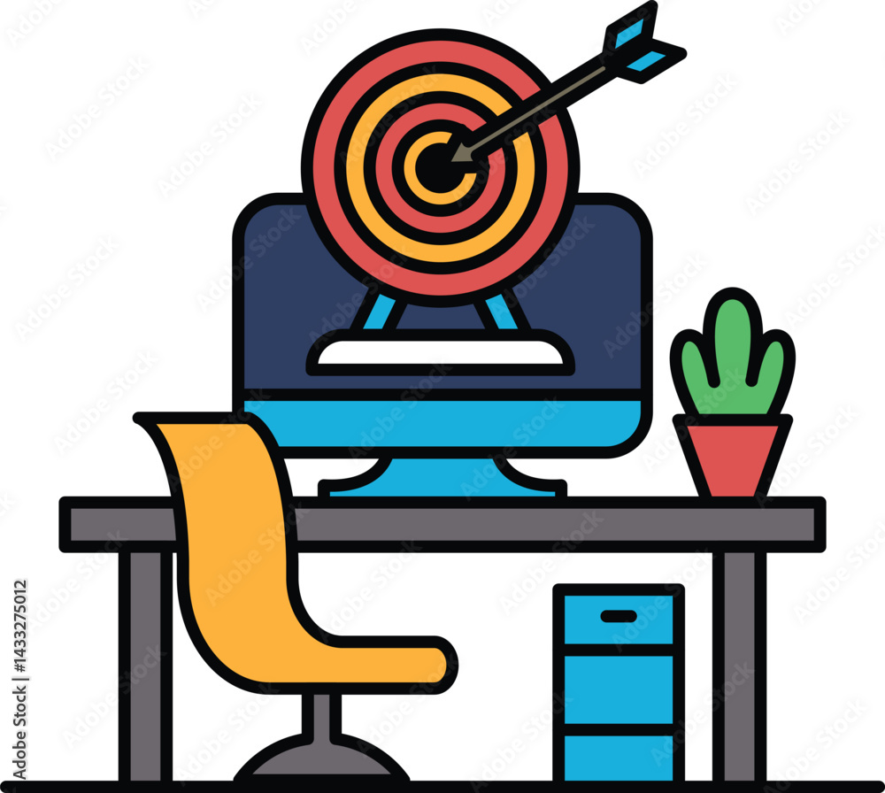 Poster a computer monitor with a red bullseye on it and a green plant in the background