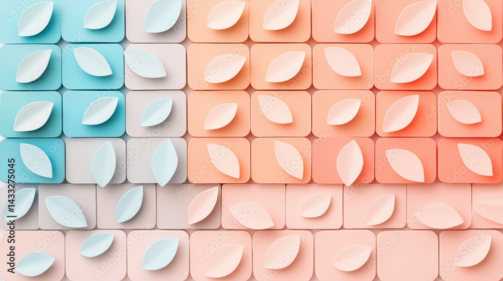 Poster a 3d rendering of a pattern of overlapping light blue and peach-colored squares.