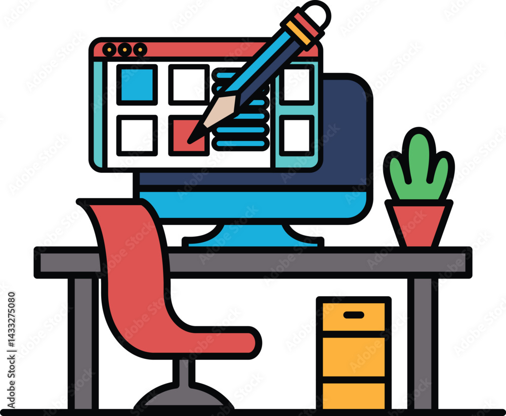 Poster a computer monitor with a pencil on it and a red chair in front of it