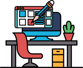 A computer monitor with a pencil on it and a red chair in front of it