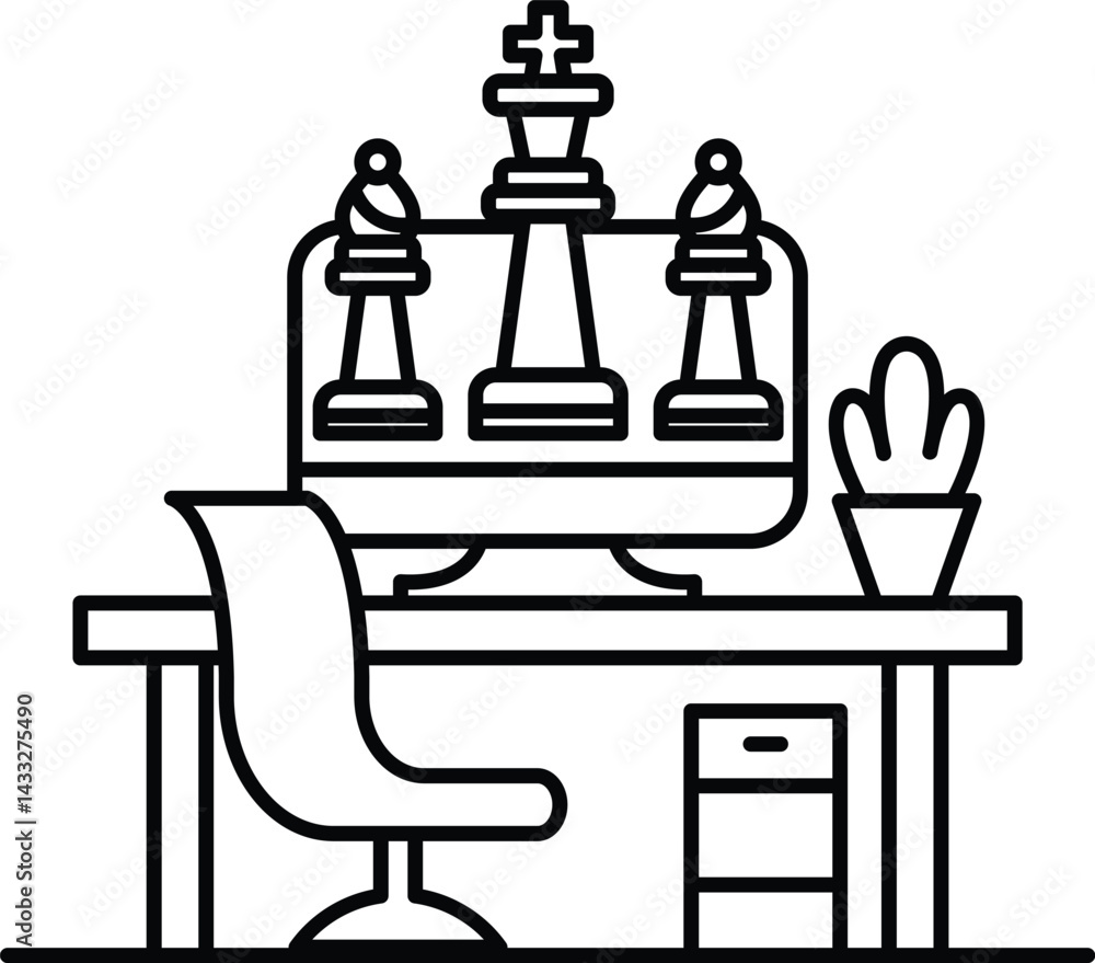 Poster computer monitor with three chess pieces on it