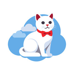 White-Cat-Red-Bow-Cartoon-Cute-Pet-Illustration-Vector