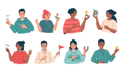 Avatars of people hold business items in hand. Men and women with elements of strategy, planning, management. Effective work, solutions, ideas. Light bulb, puzzle, red flag in arm. Vector illustration