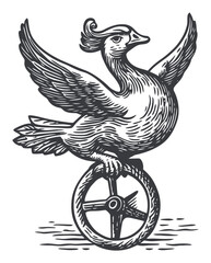 Fototapeta premium Vintage Style Duck Illustration with Wings and Wheel Design