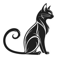 Elegant Black Cat Silhouette with Swirling Accents, Isolated on White Background