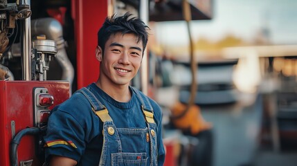 Fototapeta premium A Chinese firefighter wearing overalls standing next