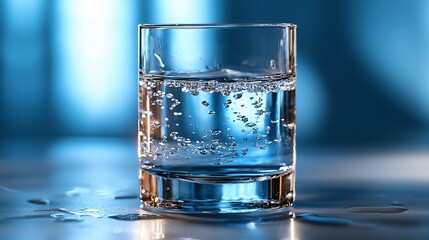 Refreshing glass of pure blue water on a modern table reflecting light in a serene environment
