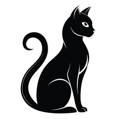 Elegant Black Cat Silhouette Seated with Curled Tail and Sharp Eye Detail on White