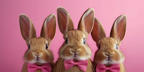 Fototapeta premium Three adorable rabbits with fluffy fur and pink bow ties stand side by side against a bright pink background