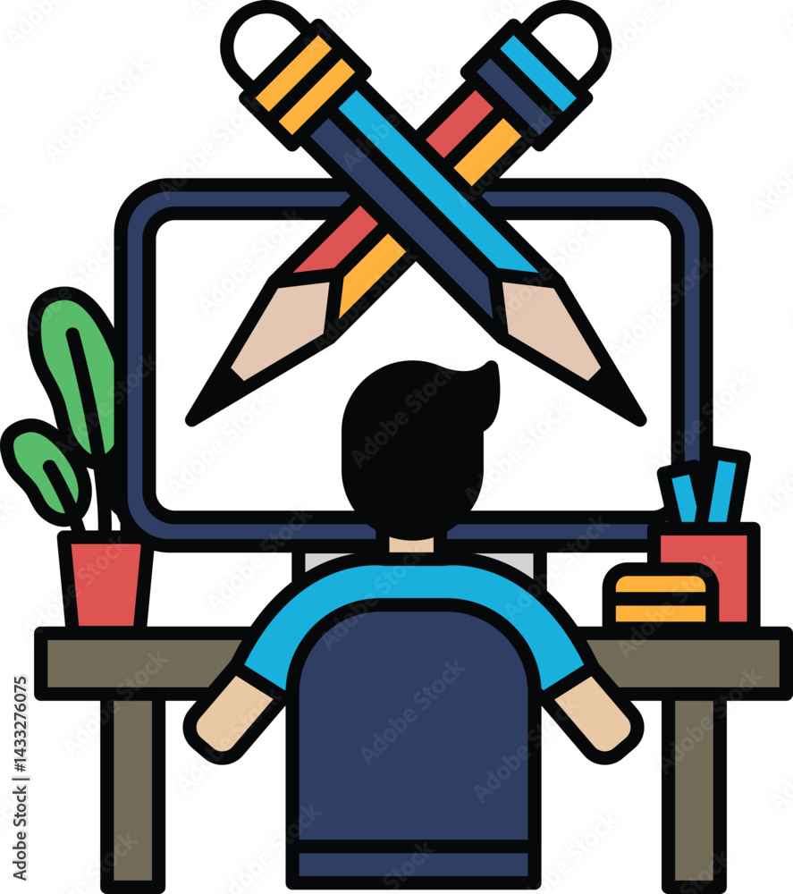Poster a man is sitting at a desk with a computer monitor and a pair of pencils