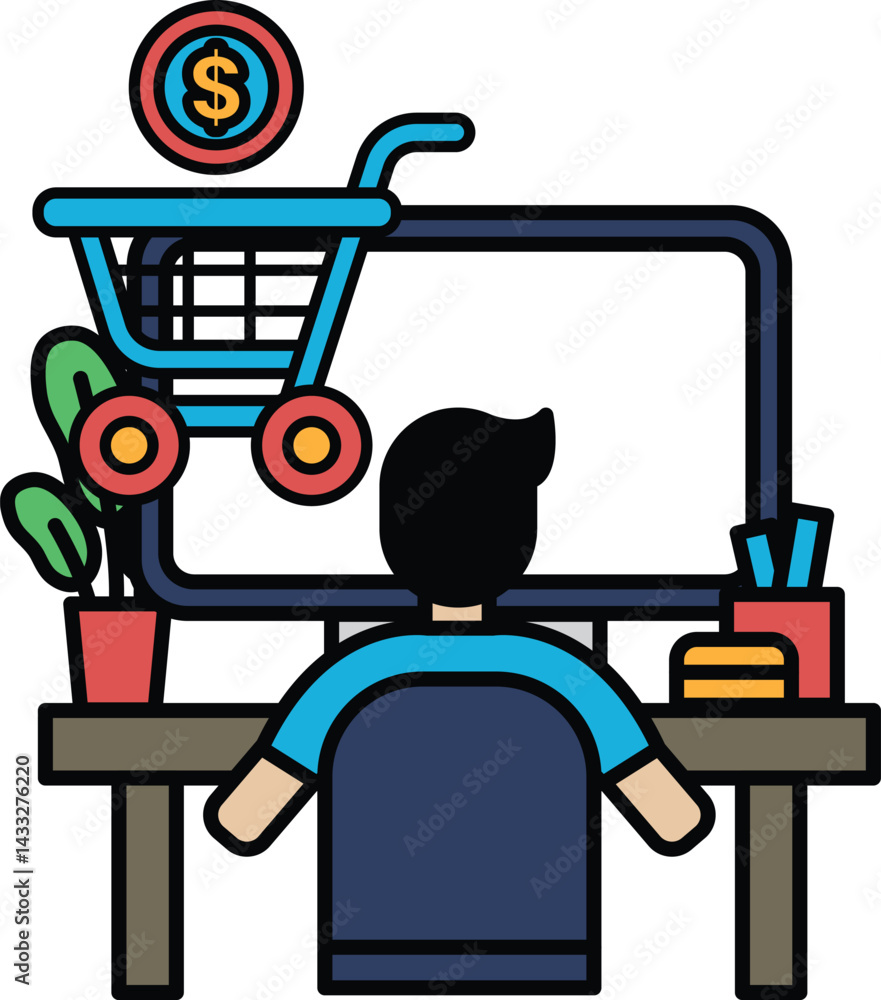 Poster a man is sitting at a desk with a computer monitor