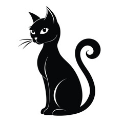 Black Cat Silhouette, Elegant Feline, Curled Tail, Whiskers, Stylish, Isolated on White
