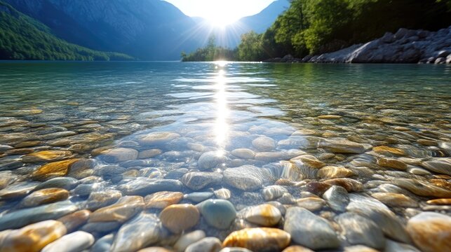 Sunlight reflecting on crystal clear water with colorful pebbles at the bottom of a serene mountain lake.